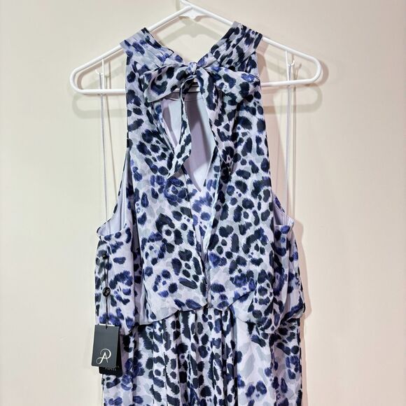 Adrianna Papell Purple Animal Print Midi Halter Tie Dress Womes 14 Wedding Party - Picture 8 of 16